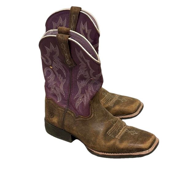 Ariat Other - Ariat Tombstone Boot 5.5 Girls Brown Purple Embroidered Western Rodeo Cowgirl